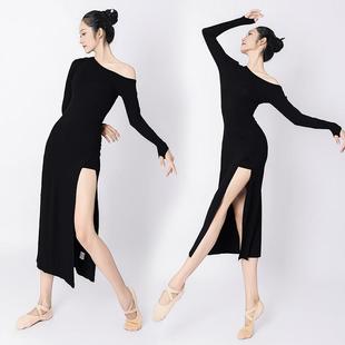 中国风现代舞古典舞者练功服黑色斜肩开衩长袖连衣裙舞蹈演出服装