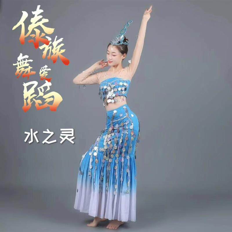 傣族水之灵舞蹈演出服孔雀舞蹈表演服亮片鱼尾裙