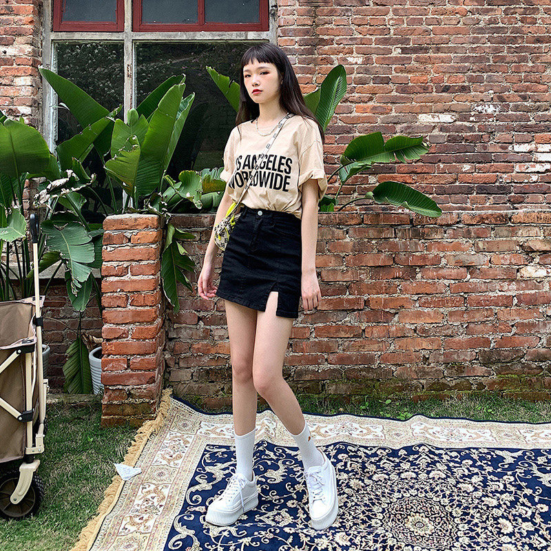 OROI弹力开叉牛仔短裙2021夏新款半身裤裙显瘦防走光A字包臀裙子