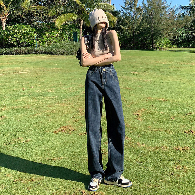 OROI2022新款不规则高腰阔腿牛仔裤女春夏显瘦宽松拖地长裤ins风