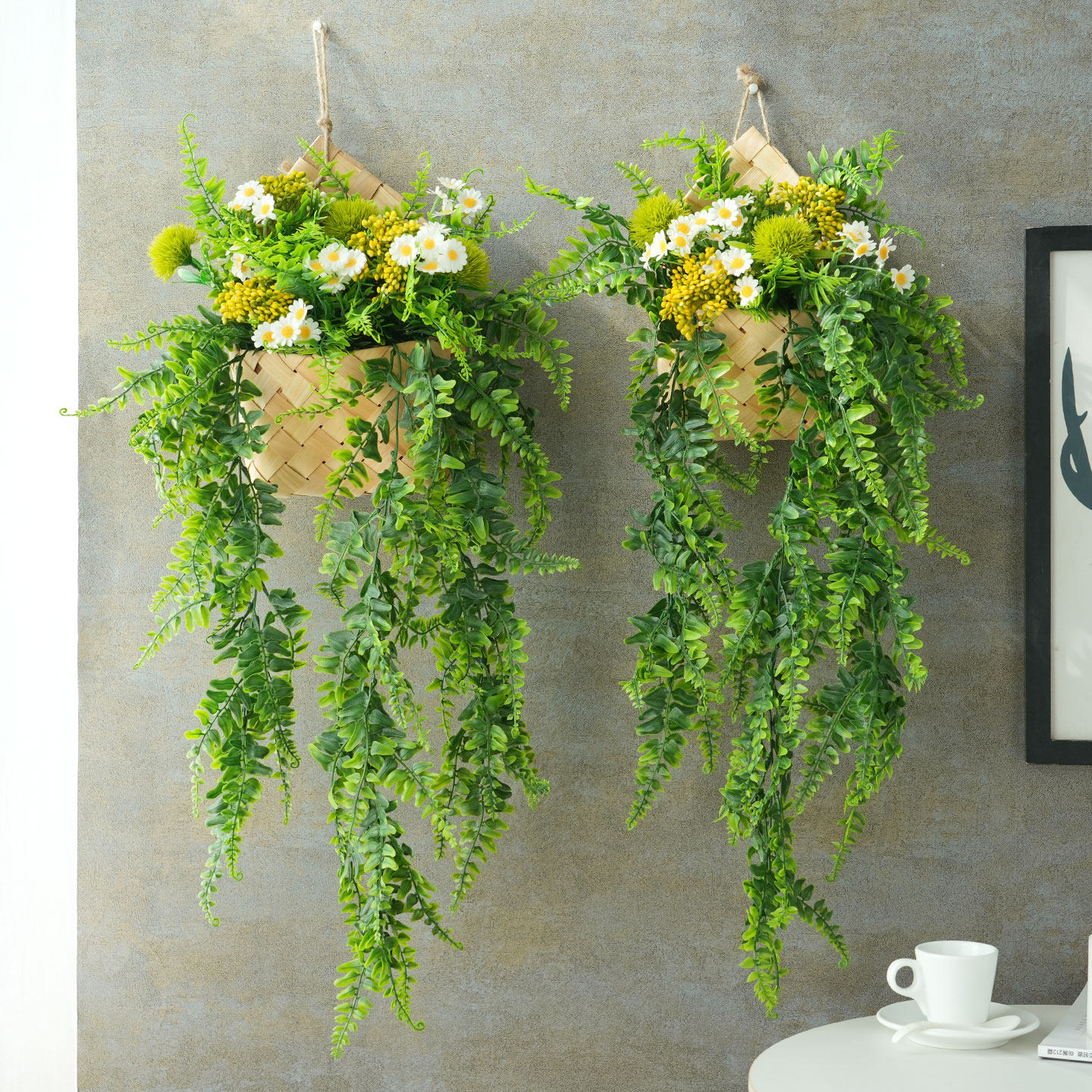 初若安然森系仿真花波斯藤条假绿植吊蓝背景电视墙面装饰花艺壁挂