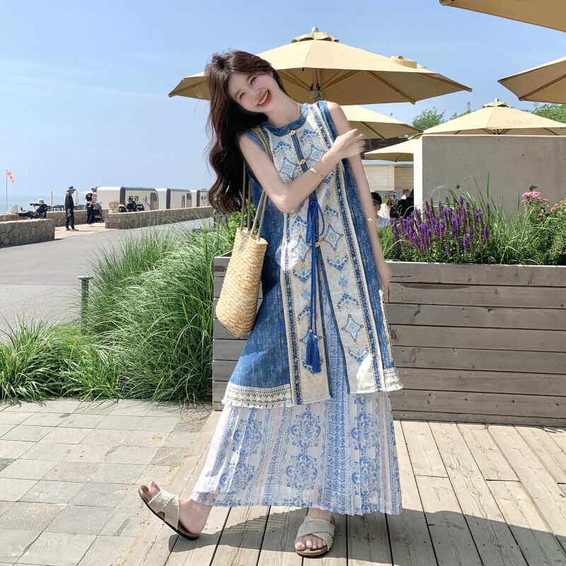 夏季新宠国风复古汉服无袖连衣裙