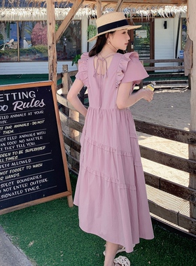 粉紫色温柔风木耳边连衣裙女夏季法式森系小个子飞飞袖荷叶边长裙