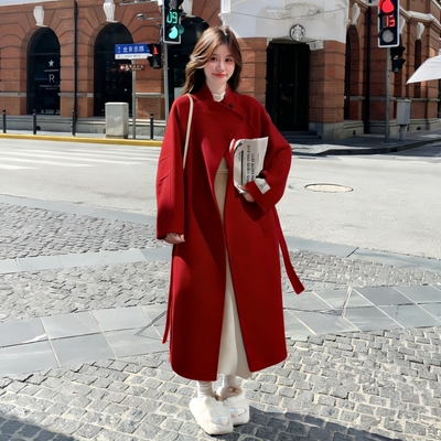 新年红双面羊毛收腰长款大衣女
