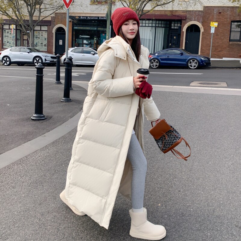 白鹅绒超长款羽绒服韩版可脱卸帽