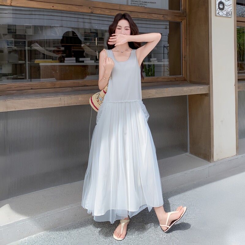 法式白色网纱收腰显瘦连衣裙