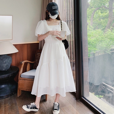 少女风a字裙白色方领泡泡袖高腰