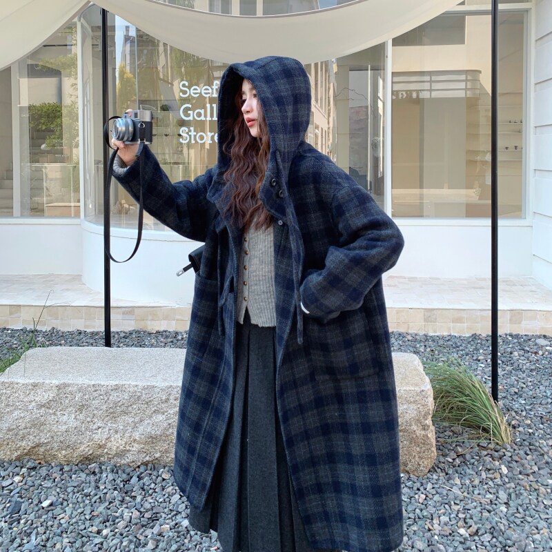 复古格纹双面呢外套女中长款韩版