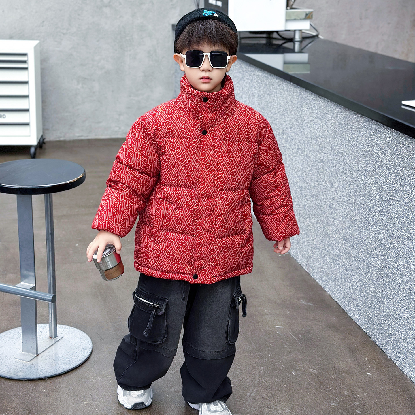 男童纯色高领羽绒棉棉服儿童冬季保暖可机洗轻便防风个性时髦固色