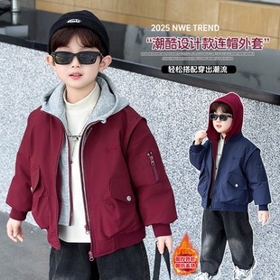 男童2025新款外套秋冬保暖儿童棉服韩版假两件棒球服夹棉连帽夹克