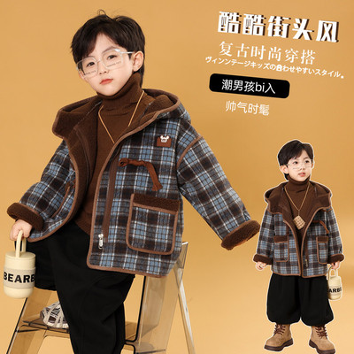 男童加绒外套秋冬款儿童皮毛一体毛呢棉衣2025新款男宝宝加厚上衣