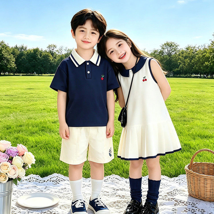 2026新款男童夏装女童连衣裙夏款儿童连衣裙韩版撞色百褶群POLO衫