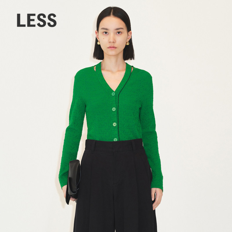 LESS复古绿色针织衫女简约V领修身短款内搭长袖毛开衫女2M83