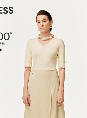 LESS春V领修身纯色简约薄款真丝气质通勤风中短袖针织衫2O2311510