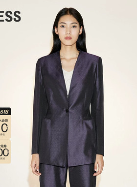 LESS春季桑蚕真丝西服女气质无领毛边西装外套2N2715010