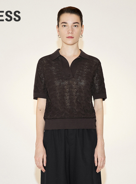 LESS夏季棉质针织衫女休闲简约镂空POLO领短袖套头毛衫2N4311950