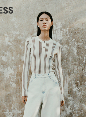 LESS春秋撞色条纹针织衫女修身圆领套头轻薄款毛衫2N8311290