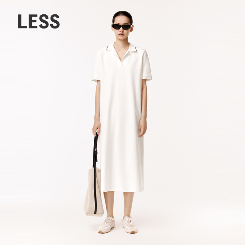 LESS夏季气质纯色休闲简约翻领套头短袖Polo长款连衣裙2O5