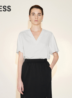 LESS夏季白色衬衣女简约通勤休闲宽松V领套头短袖衬衫2N6212780
