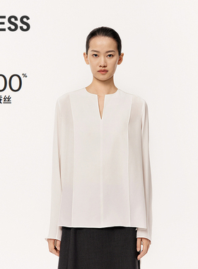LESS春桑蚕真丝无领V形剪裁下摆飘带设计休闲白色衬衫2O3210160
