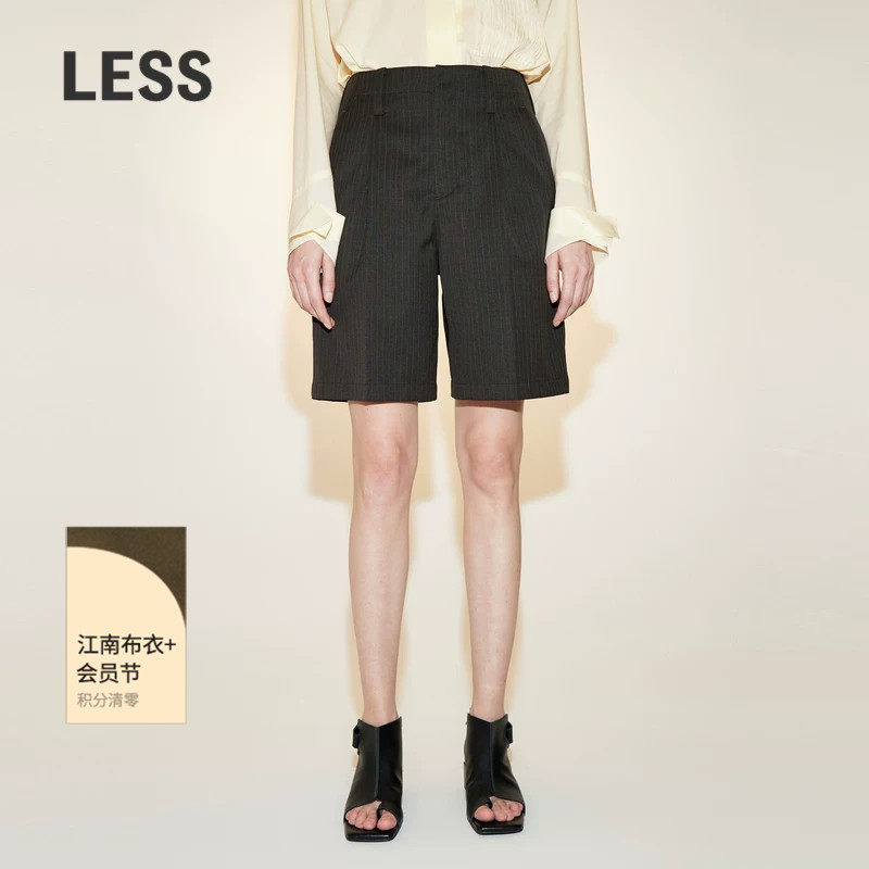 LESS春夏高腰通勤垂感宽松条纹直筒西装休闲短裤子女2N3E11