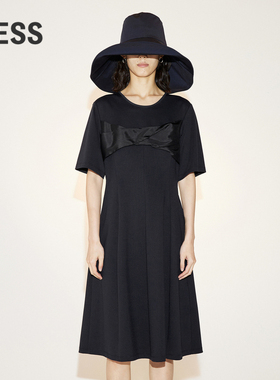LESS夏季赫本风小黑裙女复古拼接收腰圆领短袖连衣裙2N5G14380