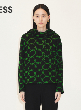 LESS春季兔子图案卫衣女撞色格纹设计感连帽套头上衣2N1410190