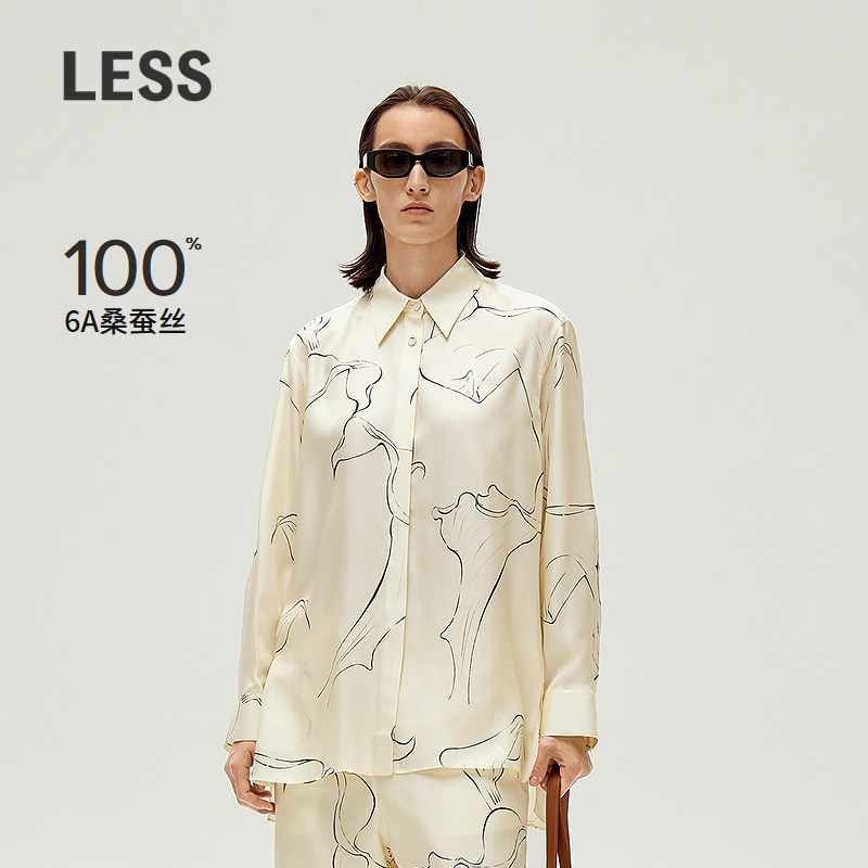 【0压系列】LESS春手绘马蹄莲线条设计宽松真丝长袖衬衫2O22