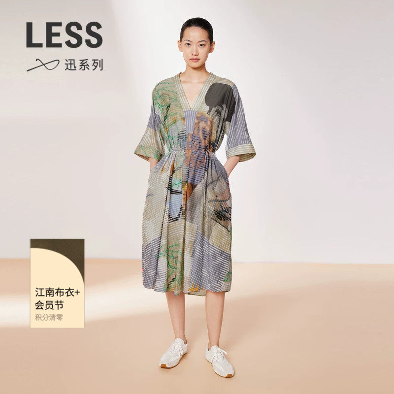 【迅系列】LESS夏V领设计感彩珠绑带趣味印花短袖连衣裙2O4G13230