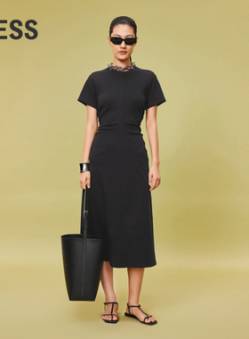 LESS夏季简约修身黑色抽褶长裙套头收腰短袖T恤连衣裙2O5G10840