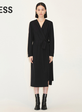 LESS春季绵羊毛裙子女气质收腰开叉V领中长款连衣裙2N1G10720