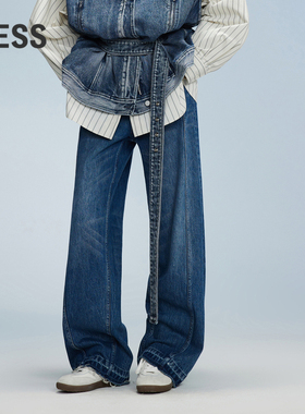 LESS秋棉质简约设计感长裤水洗时尚高腰阔腿牛仔裤女2O8E12680
