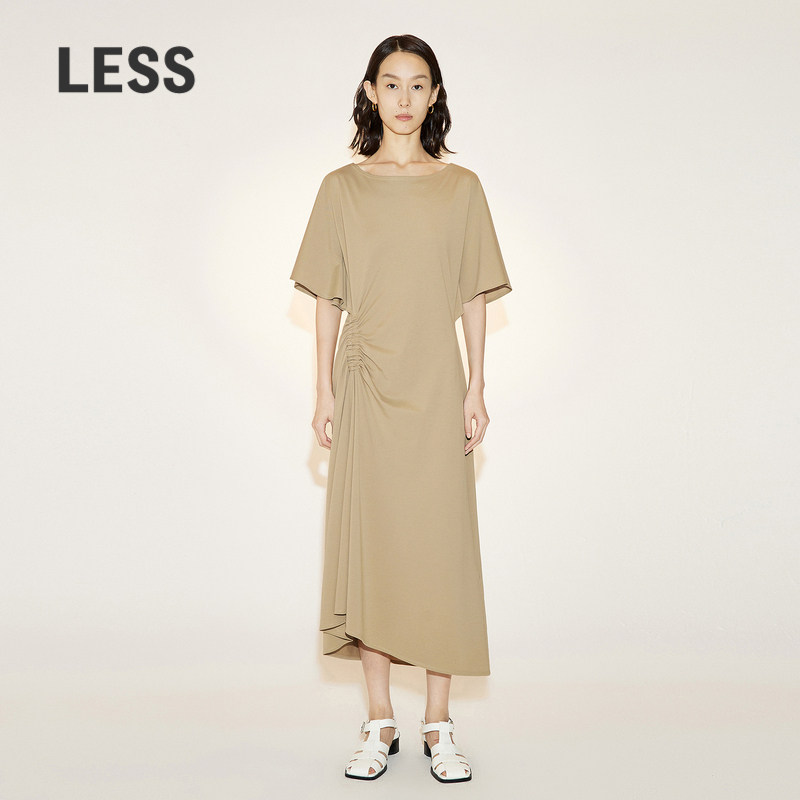 LESS夏季裙子女气质法式松紧抽褶不规则下摆短袖连衣裙2N4G1