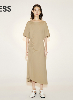 LESS夏季裙子女气质法式松紧抽褶不规则下摆短袖连衣裙2N4G12180