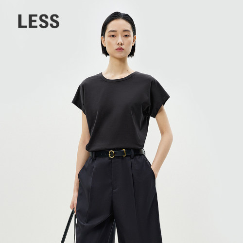 LESS夏简约丝棉质圆领短款气质通勤上衣休闲短袖T恤女2P4110500
