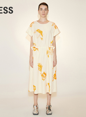 LESS桑蚕丝直筒短袖裙子女度假风印花连衣裙2N7G14670