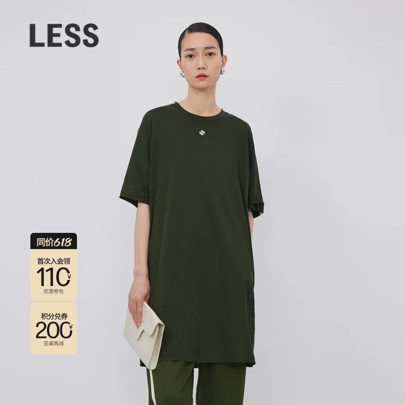 LESS春秋裙子女休闲宽松直筒圆领短袖T恤连衣裙2N7G1080