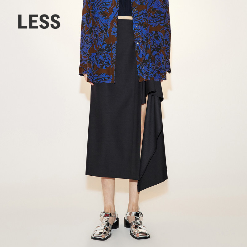 LESS春季绵羊毛裙子女气质优雅解构不对称裙摆A字半身裙2N3D