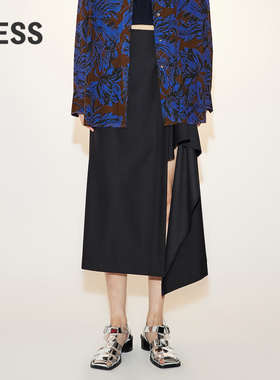 LESS春季绵羊毛裙子女气质优雅解构不对称裙摆A字半身裙2N3D13660