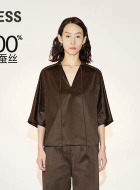 LESS夏季桑蚕真丝衬衣女简约休闲宽松V领中袖衬衫2N4212970