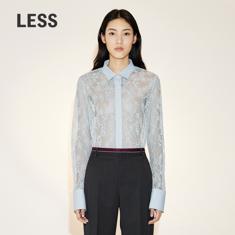 LESS春季法式衬衫女别致棉纱网花蕾丝长袖衬衣2N1213330