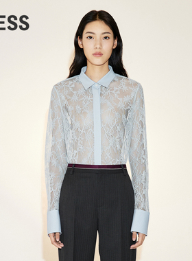 LESS春季法式衬衫女别致棉纱网花蕾丝长袖衬衣2N1213330