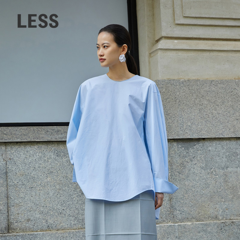 LESS春棉材质休闲前短后长后背设计感圆领长袖衬衫2O22105