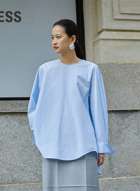 LESS春棉材质休闲前短后长后背设计感圆领长袖衬衫2O2210500