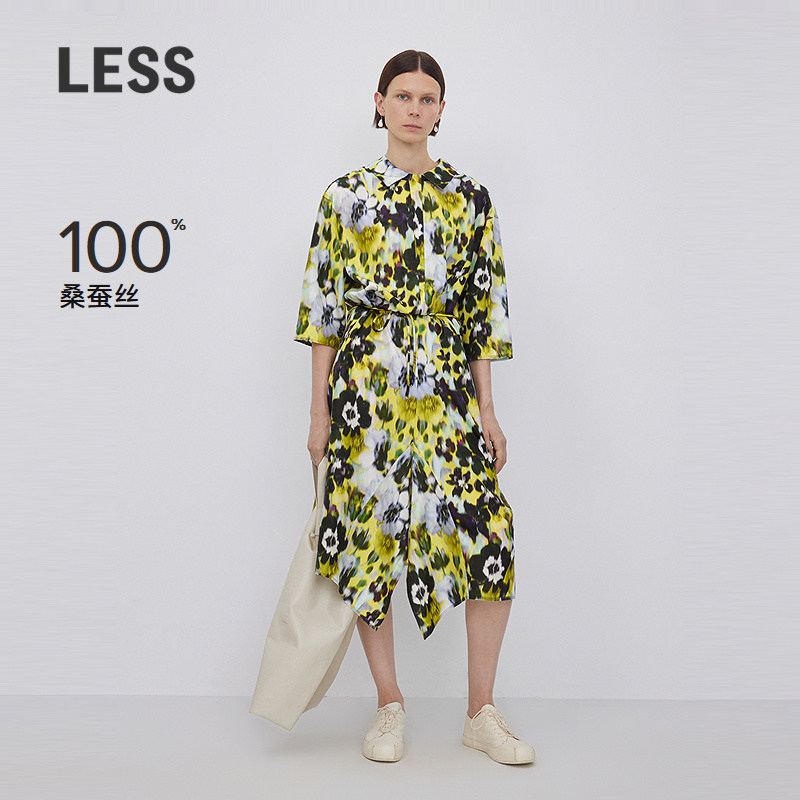 LESS春秋桑蚕真丝裙子女灯台百合印花度假风短袖连衣裙2N7G1