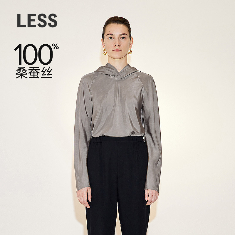 LES春季连帽衬衣女桑蚕真丝光泽感宽松休闲拼接长袖衬衫2N221