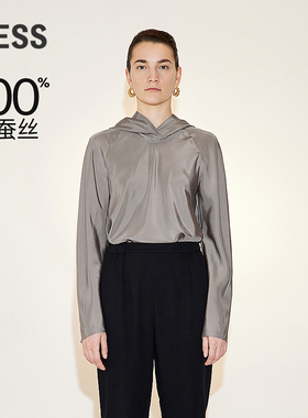 LES春季连帽衬衣女桑蚕真丝光泽感宽松休闲拼接长袖衬衫2N2212030