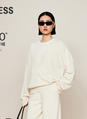 LESS冬绵羊毛休闲简约百搭针织衫直筒V领长袖套头毛衫女2O0313320