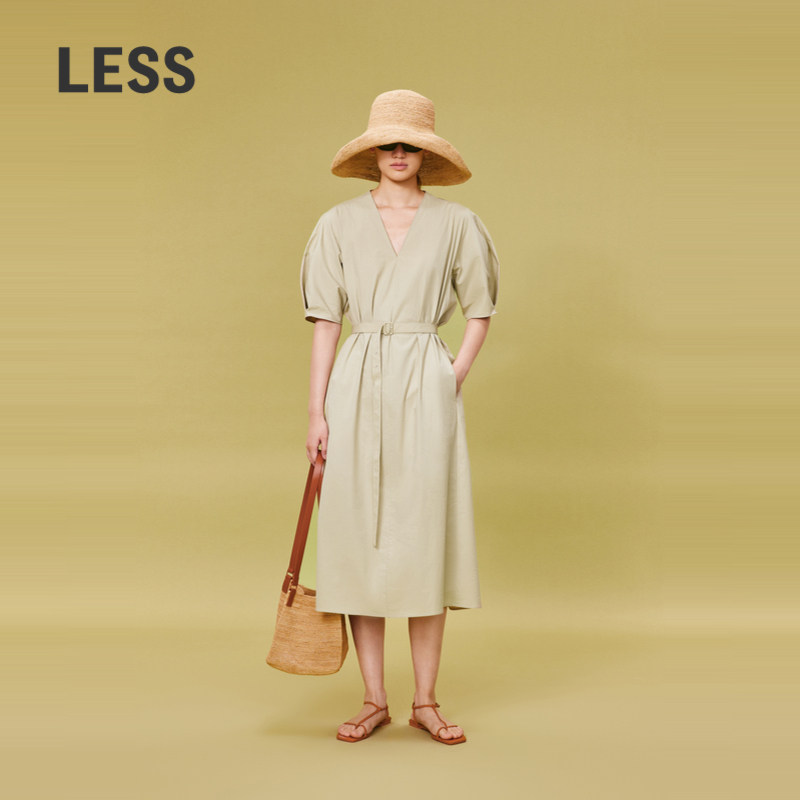 LESS夏季通勤感休闲短袖中长腰带连衣裙V领棉质职场长裙2O4G