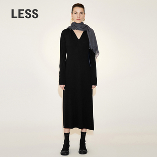 针织连衣裙2N1G11000 V领长袖 LESS春季 绵羊毛裙子女气质修身